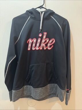 Nike Black Hoodie with Grey Accents and Red Script Logo
